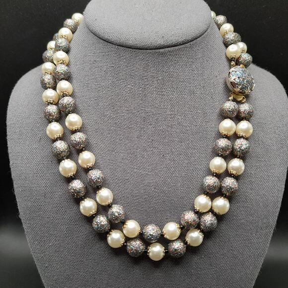 Vintage Glitter Bead Necklace, Glass Pearls, Art Beads, 1950s Jewelry - Picture 1 of 11